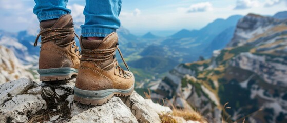 Wall Mural - View from mountains - Hiking hiker traveler landscape adventure nature sport background panorama - Close up of feet with hiking shoes from a man standing resting on top of a high hill or rock