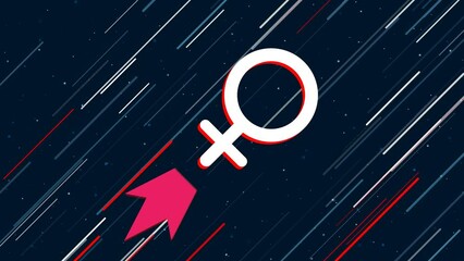Poster - Venus symbol flies through the universe on a jet propulsion. The symbol in the center is shaking due to high speed. Seamless looped 4k animation on dark blue background with stars