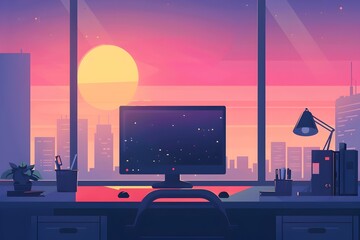 Wall Mural - A computer desk with a sunset over city in the background full of laptops and a desk with a big sunset behind it in the style of crisp neo-pop illustrations