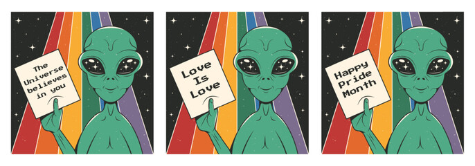 Posters for pride day with alien. UFO with LGBTQ pride flag colours light. Vector illustration