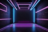 Fototapeta Do przedpokoju - Illuminated Neon Lights in Long Hallway