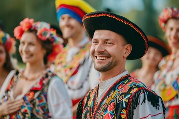 Wall Mural - smiling woman and man dressed in traditional clothing in celebration