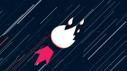 Poster - Fire symbol flies through the universe on a jet propulsion. The symbol in the center is shaking due to high speed. Seamless looped 4k animation on dark blue background with stars