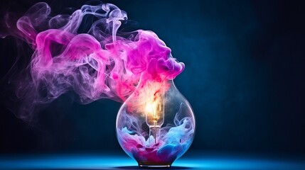 Wall Mural - Color smoke in broken lamp. Ink water. Pink paint fluid shot vapor cloud in crashed glass light bulb on dark navy blue abstract copy space background