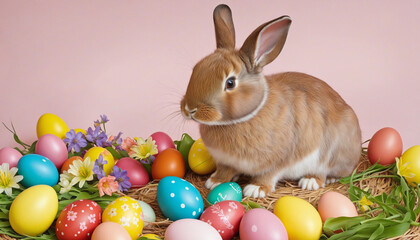 Wall Mural - Brown bunny surrounded by colorful Easter eggs and spring flowers