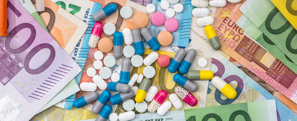 Wall Mural - Blister packs pills or antibioticand EU euro money. Healthcare concept