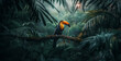 a colorful toucan perched on a branch, its vibrant plumage contrasting against the lush green backdrop of the jungle