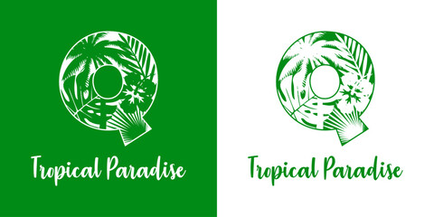 Sticker - Logo destino de vacaciones. Mensaje Tropical Paradise con letra inicial Q con silueta de plantas tropicales