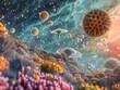 Allergy The Pollen Invasion - A vibrant 3D illustration of an otherworldly spring landscape where giant pollen grains float like alien ships, causing chaos among the inhabitants