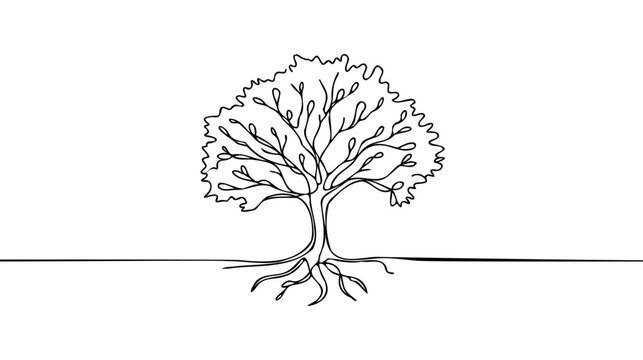 Tree in continuous line art drawing style. Giant and powerful tree black linear design isolated on white background.