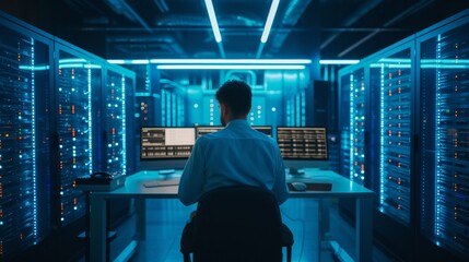 Poster - A data engineer sitting at a sleek, modern workstation, surrounded by stacks of servers.
