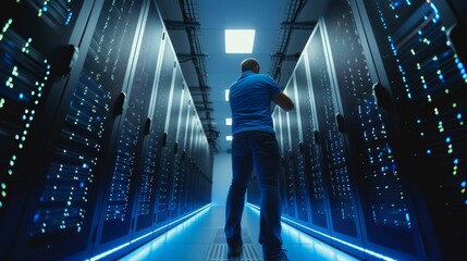 Poster - a dynamic, wide angle shot of a data engineer in a server room, actively engaged in real-time data p