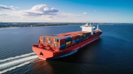 Wall Mural - Aerial view of a large, loaded container cargo ship traveling over open ocean