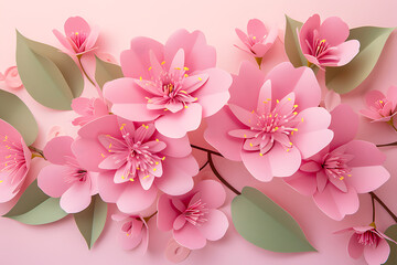 Wall Mural - fresh pink flower paper with leaves in the style of p