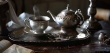 A Serene Still Life Capturing The Elegance Of A Vintage Silver Tea Service.