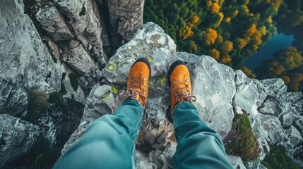 Wall Mural - View from mountains lake river fjord - Hiking hiker traveler landscape adventure nature sport background panorama - Feet with hiking shoes from a woman standing resting on top of a high hill or rock