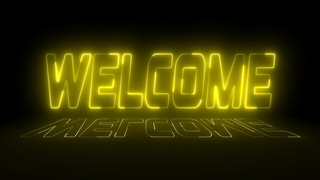 3D Neon Welcome text animation. Glowing neon sign welcome on black background. Welcome glowing neon text . Welcome neon light calligraphy banner. Neon welcome signboard