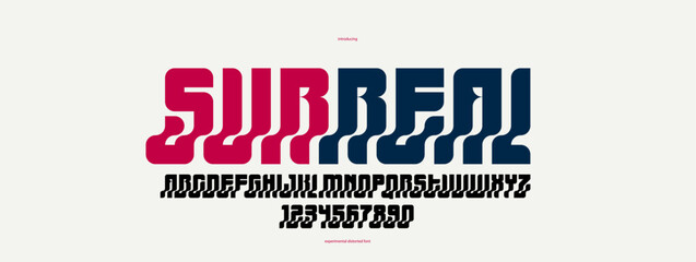 Fototapete - Bended and deformed display font for logos and posters, vector distorted and twisted typeface for headlines and advertising, letters and numbers alphabet typography.