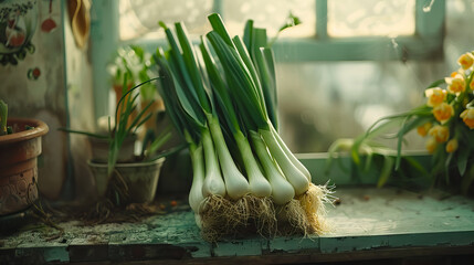 Wall Mural - Freshly lifted leeks, allium ampeloprasum in kitchen for  St. David's Day - AI Generated