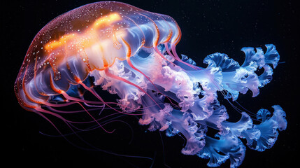 Beautiful of Glowing sea jellyfishes on dark background.