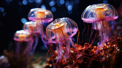 Beautiful of Glowing sea jellyfishes on dark background.
