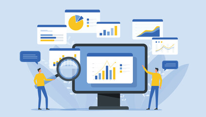 Wall Mural - business team people working for data analytics research. and monitoring on the web report dashboard monitor. business finance investment planning design  flat vector illustration design concept
