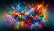 Vibrant explosion of colorful paint splatters against a dark background, resembling a cosmic burst.