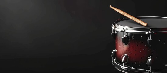 Close up path drum snare with drumstick on copy space black background. Generated AI image