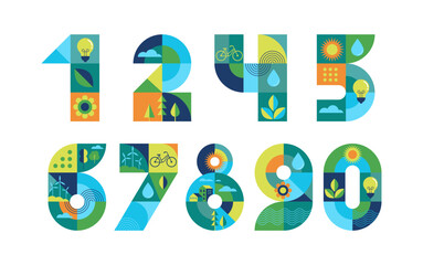 Ecology, green, environmental numbers with icons of sustainability. Geometric modern style. Concept set of numbers