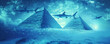 Quantum computing pyramids in Ancient Egypt with sharks swimming through the sky symbolizing the blending of eras and realms
