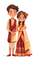 Bride and groom couple in traditional Indian dress, cartoon character, isolated on transparent, PNG background, Generative ai