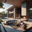 a patio with a couch and a fire place, a digital rendering , shutterstock contest winner, modernism, rendered in unreal engine, unreal engine 5, matte background