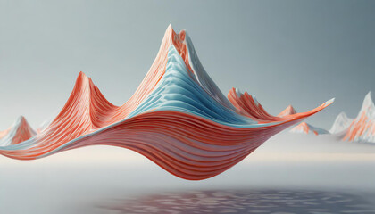 Three dimensional render of colored waves floating against pink background, 3D render