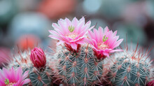 Vibrant Pink Cactus Flowers Blooming In Natural Desert Environment