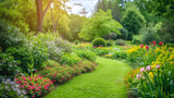 Fototapeta Lawenda - Lush Green Garden Pathway with Vibrant Flower Beds and Landscaping in Sunlit Park