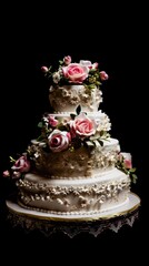 Wall Mural - Delicious multi-tiered wedding cake isolated on black background. Generative AI