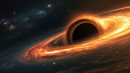 intense black hole swallowing light with fiery accretion disk in space background