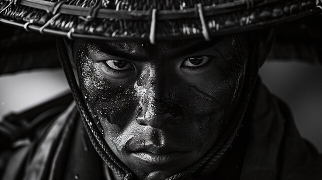 Intense Samurai Warrior in Traditional Armor Close Up Black and White Portrait