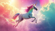 Magical Unicorn Galloping Across Vibrant Sunset Sky with Rainbow Colors and Glitter Sparkles