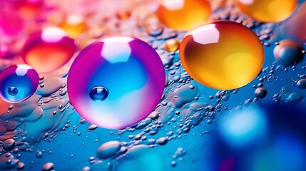 Wall Mural - Top view movement of oil bubbles in the liquid. Oil surface multicolored background. Fantastic structure of colorful bubbles. Colorful artistic image of oil drop floating on the water