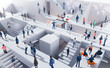 Business people having a meeting in an abstract business environment with stairs and lots of people working together, walking up and down. 3D rendering