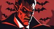  An angry Dracula with an angry expression, surrounded by evil bats in a red-toned Halloween scene, vampire concept