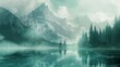 Marvel at the beauty of a mountain and lake scene bathed in the soft hues of turquoise and white, creating an ethereal atmosphere in this AI-generated artwork