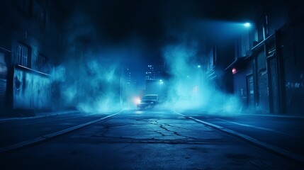 Wall Mural - Empty scene with blue neon light. Asphalt blue street with smoke.Empyy background