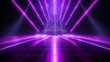 Empty stage background in purple color, spotlights, neon rays. Abstract background of neon lines and rays. Abstract background with lines and glow. Wet asphalt, the reflection of neon lights