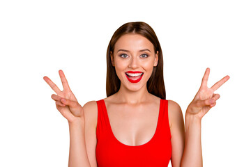 Wall Mural - Close up photo portrait of dreamy nice glad cute pretty beautiful attractive cool lady making double peace sign looking in camera isolated background