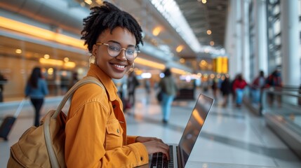 Wall Mural - African American stylish creative businesswoman using digital technology laptop meeting with clients before go abroad, entrepreneur female business corporate busy night traveling in airport terminal