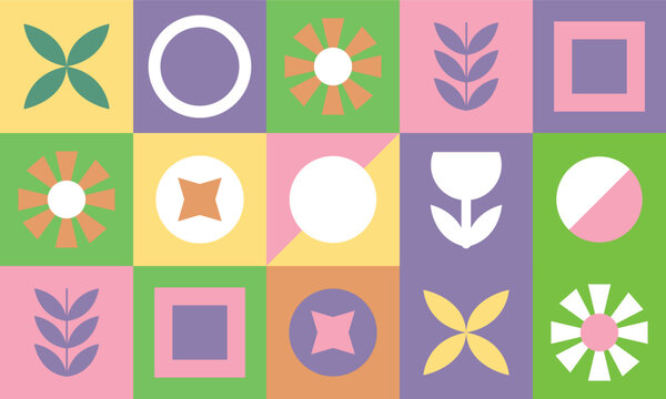 Geometric pattern spring colors leaves flowers nature. Seamless pattern for banner poster splash background print on fabric gift paper. Colored pattern spring colors. Vector file design elements.