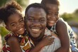 African father and his children smiling, in the style of humanistic empathy, reductionist form, dark brown and light brown, International Day of Family Remittances.