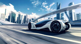 Fototapeta  - Graceful futuristic sports car glides along the road, showcasing ultra-modern aesthetics. Perfect image for promoting future automotive industry, technological innovations, and contemporary design. 